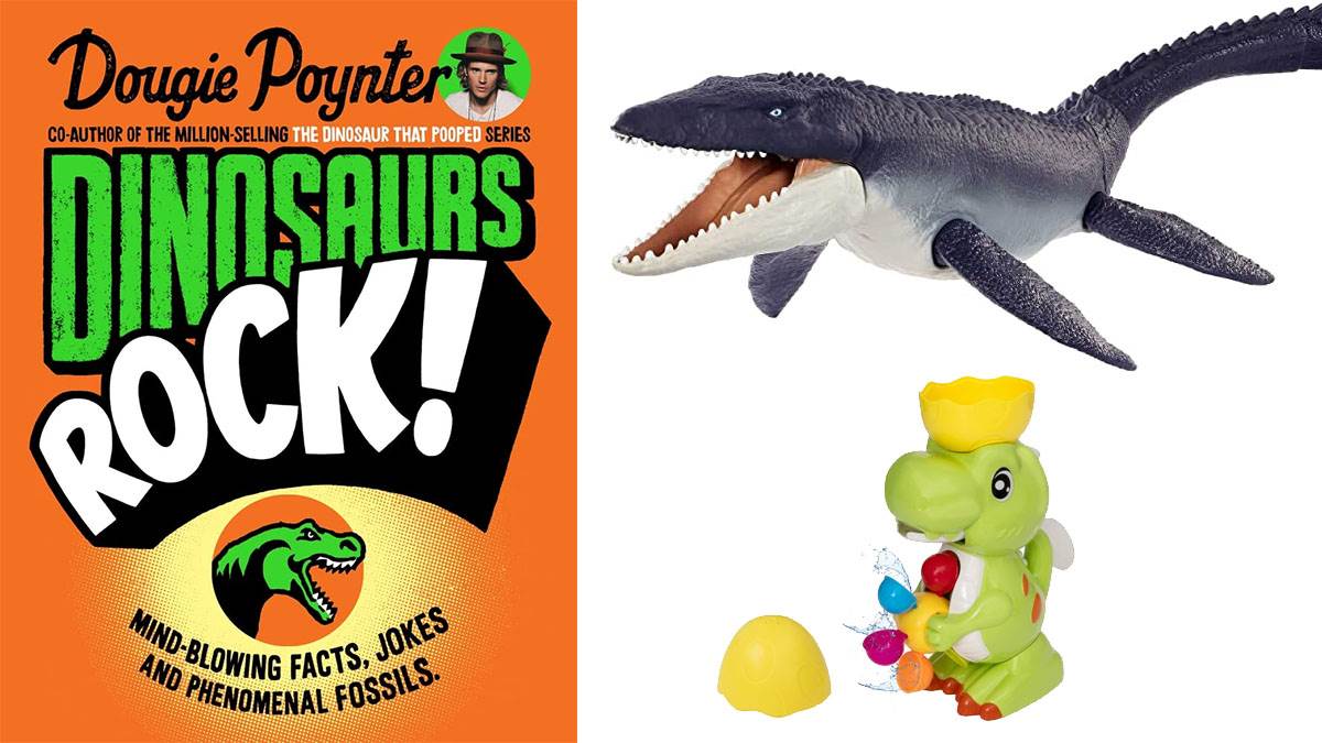 The front cover of Dinosaurs Rock plus Jurassic World Ocean Protector Mosasaurus Dinosaur Action Figure and Chad Valley Dinosaur Waterfall Bath Toy