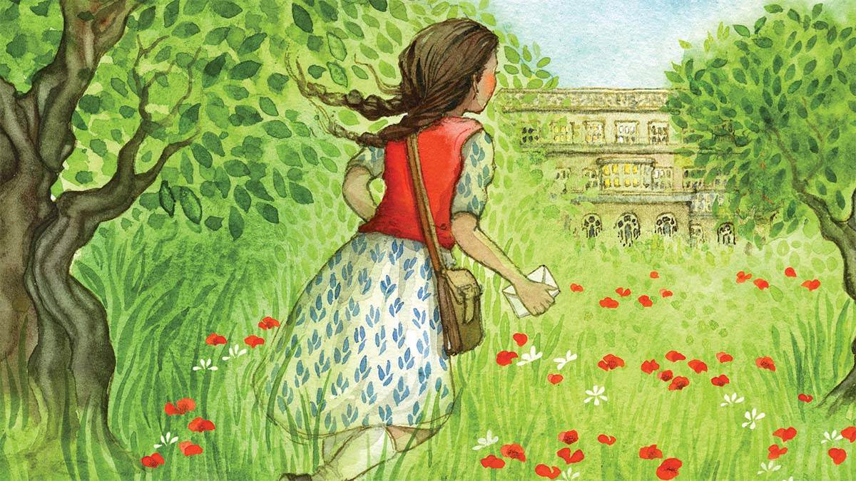 An illustration from the front cover of Anna At War - a girl holding an envelope and running through flowers and grass with a big country house in the distance