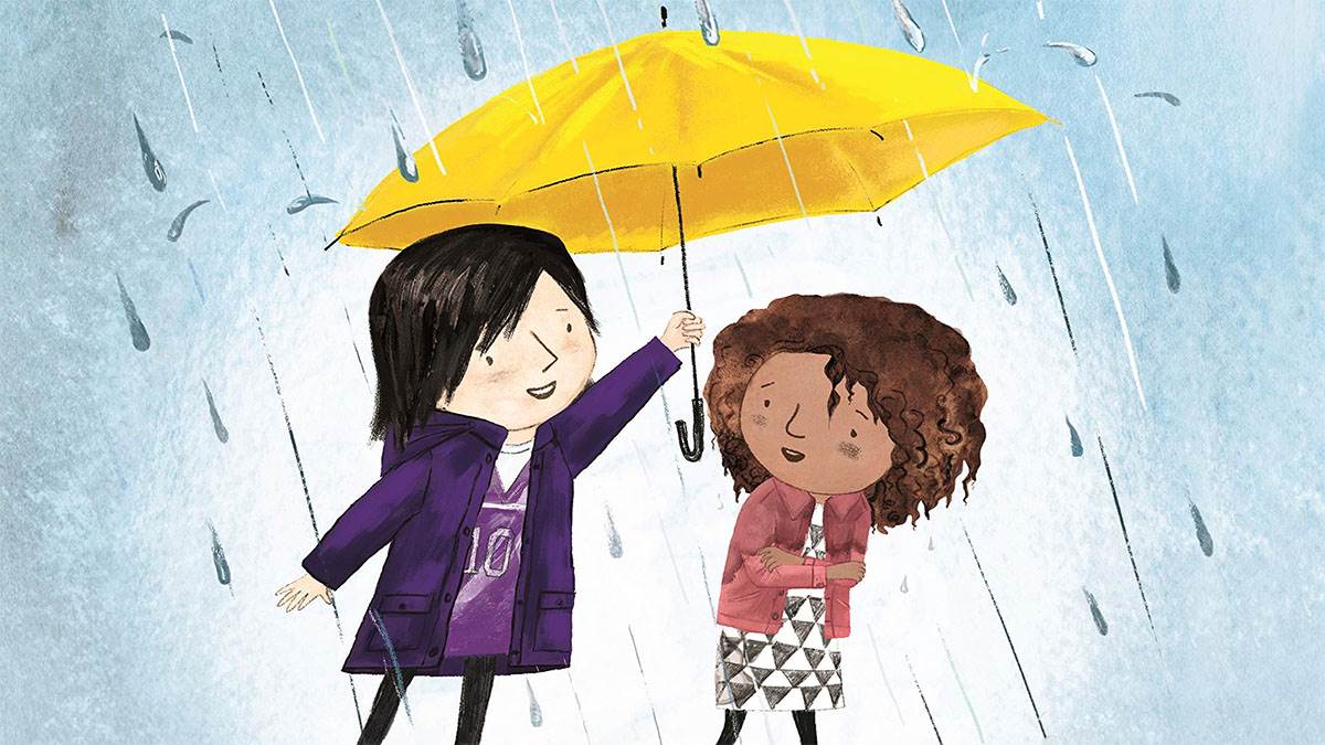 The front cover of Be Kind - an illustration of a child holding up an umbrella to cover another child, who is shivering in the rain