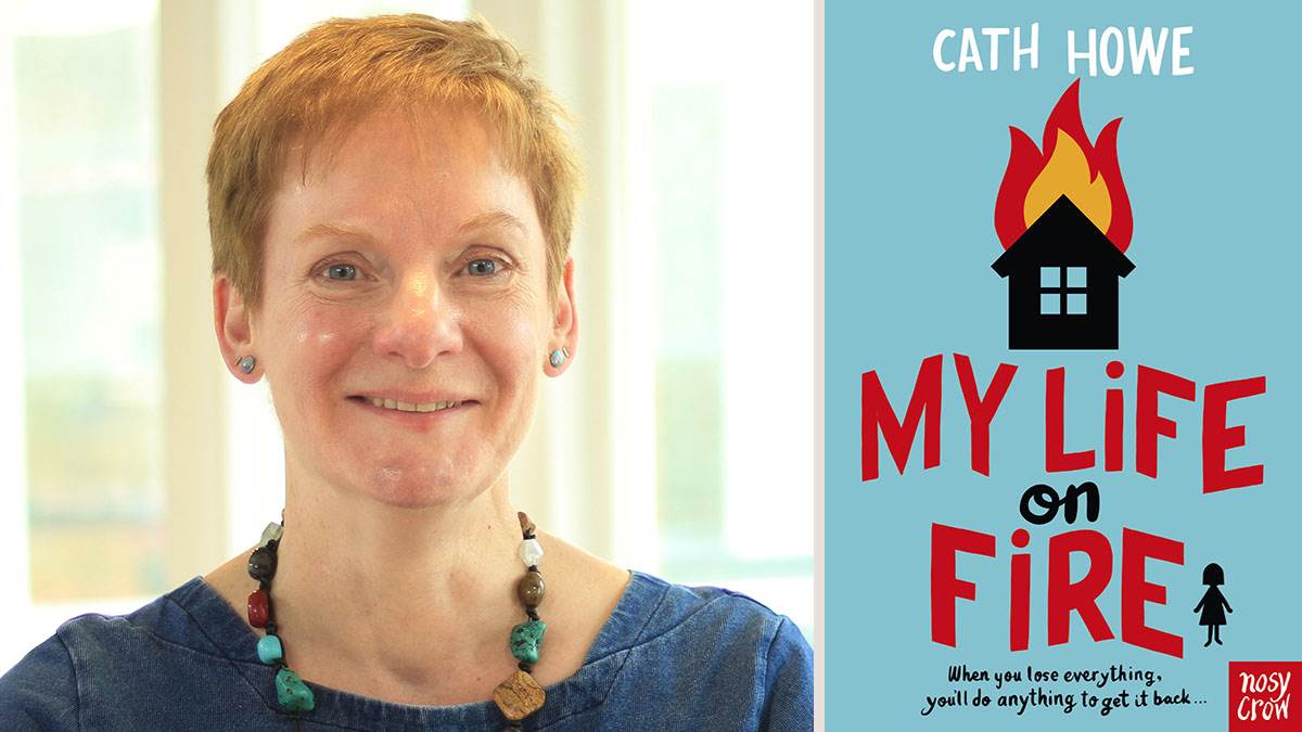 A photo of Cath Howe and the front cover of her book My Life on Fire