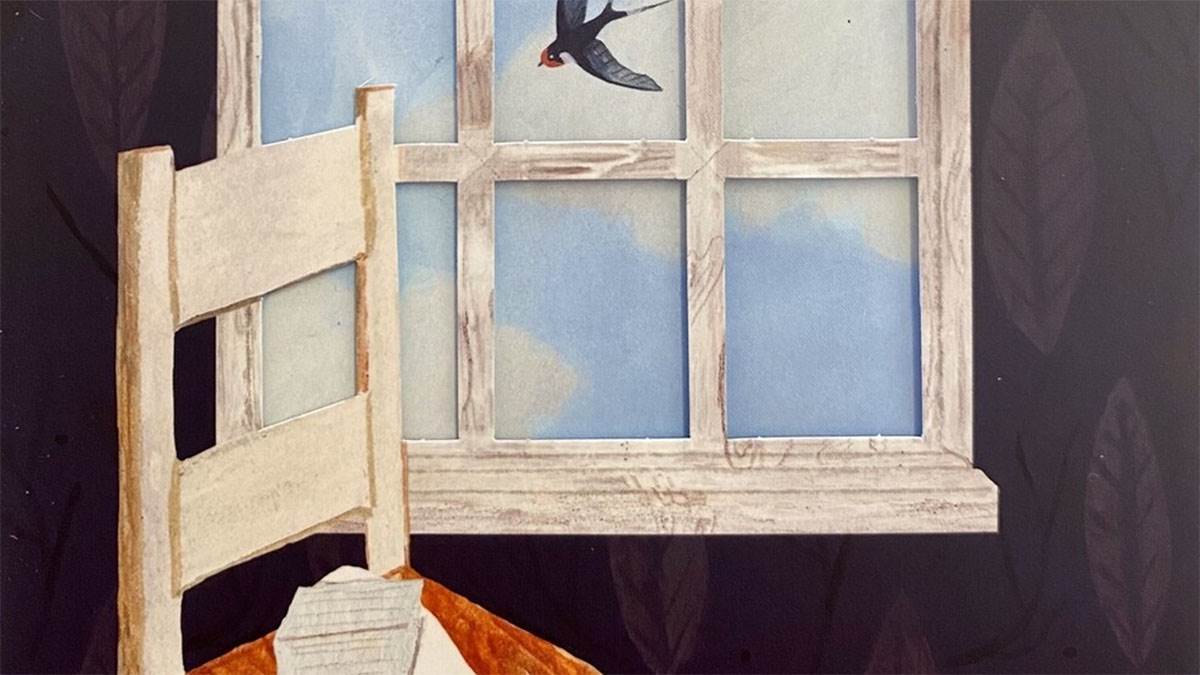 An illustration from the front cover of Little Bits of Sky - a chair by a window with an envelope on the seat; a blue sky, white clouds and a flying bird can be seen through the window