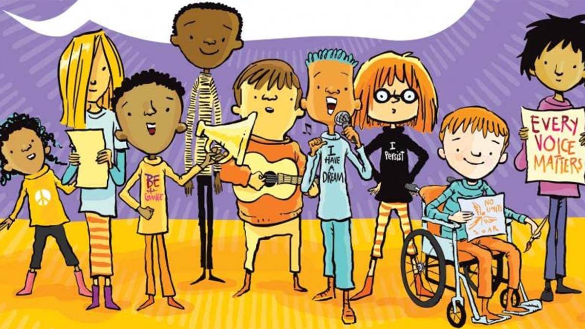 An illustration from the front cover of Say Something: a group of children protesting, holding signs, guitars, wearing slogan T-shirts and speaking through megaphones