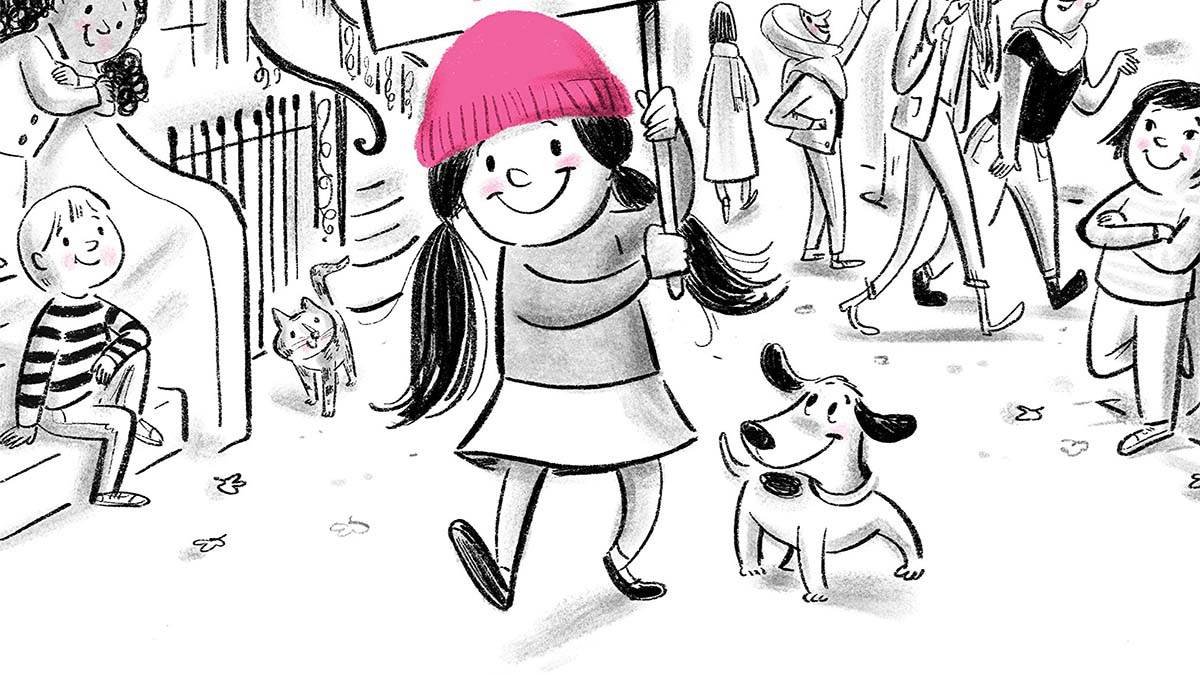 An illustration from the front cover of The Pink Hat - a girl smiling walking down the street holding a sign, watched by smiling children and a smiling dog and cat; the illustration is in black and white except for the girl's hat, which is pink