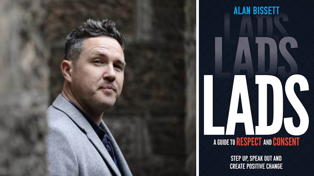 A photo of Alan Bissett and the front cover of his book Lads
