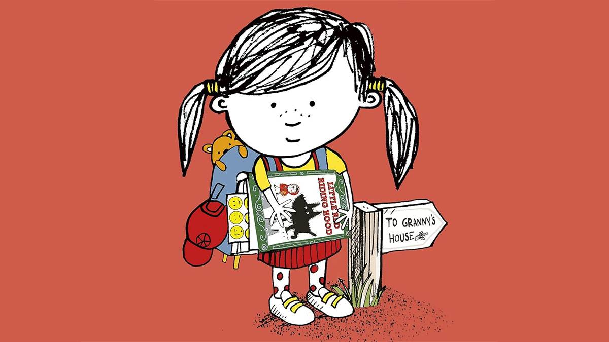 An illustration from the front cover of Gina Kaminski Saves the World - a child wearing a backpack and holding a copy of Little Red Riding Hood, standing next to an arrow pointing to 'Granny's House'