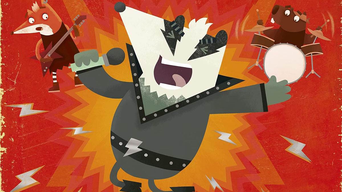 An illustration of a badger in leather clothing holding a microphone and singing as a fox plays guitar and a badger plays drums in the background - from the front cover of Heavy Metal Badger