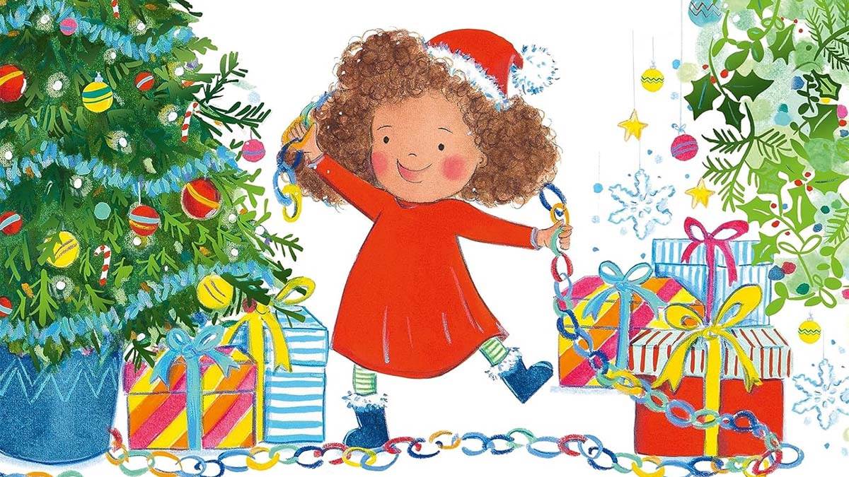 An illustration from the front cover of Luna Loves Christmas - a child in a red dress and Santa hat holding paperchains, surrounded by presents, with a Christmas tree on one side and holly on the other
