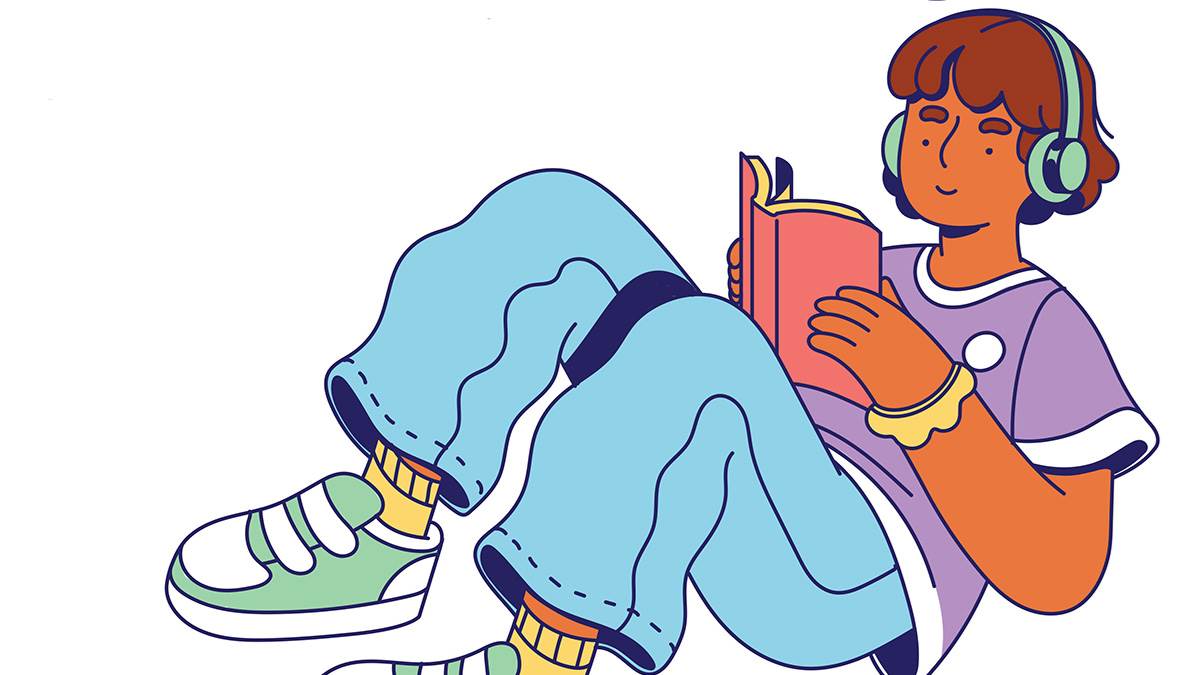An illustration of a child reading while wearing headphones