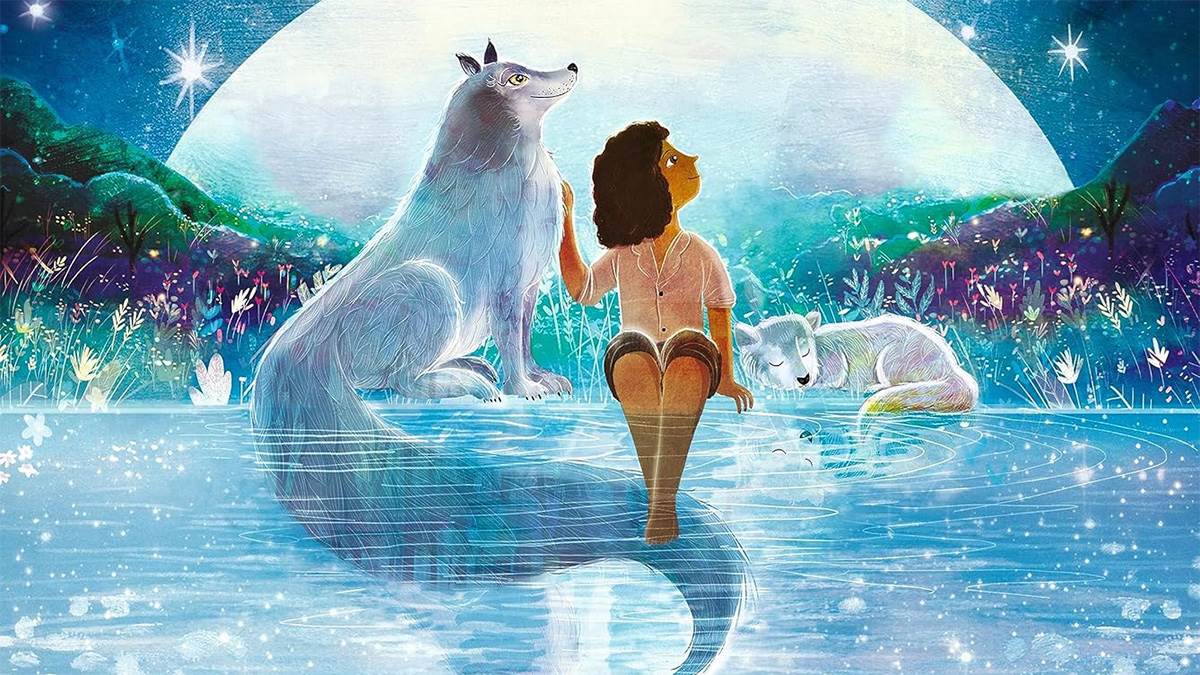 An illustration from the front cover of Peace on Earth - a child sitting on the edge of a lake, dangling their feet into the water and stroking a big white fox sitting next to them; another white fox sleeps nearby, and stars twinkle in the sky with a big moon behind them