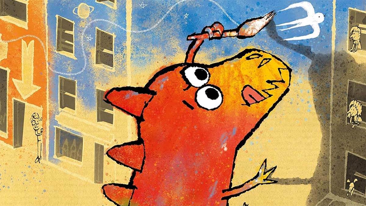 An illustration of a dinosaur sticking out its tongue in concentration as it uses a big paintbrush to paint a building, from the front cover of The Artist