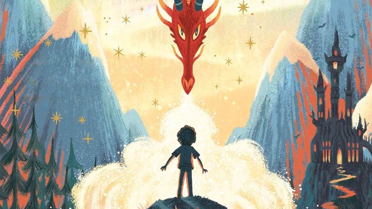 An illustration from the front cover of The Land of Roar - a child standing on a rocky mountain looking up at a huge red dragon