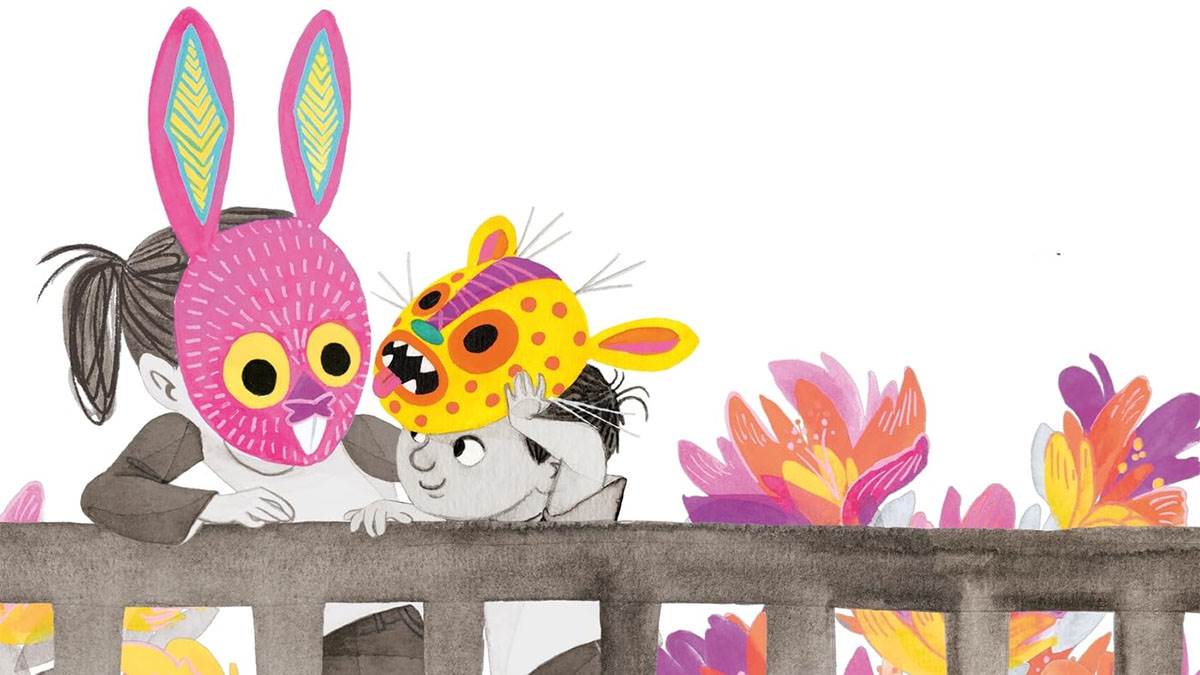 An illustration from the front cover of To The Other Side - two children wearing animal masks, standing behind a fence next to some colourful flowers