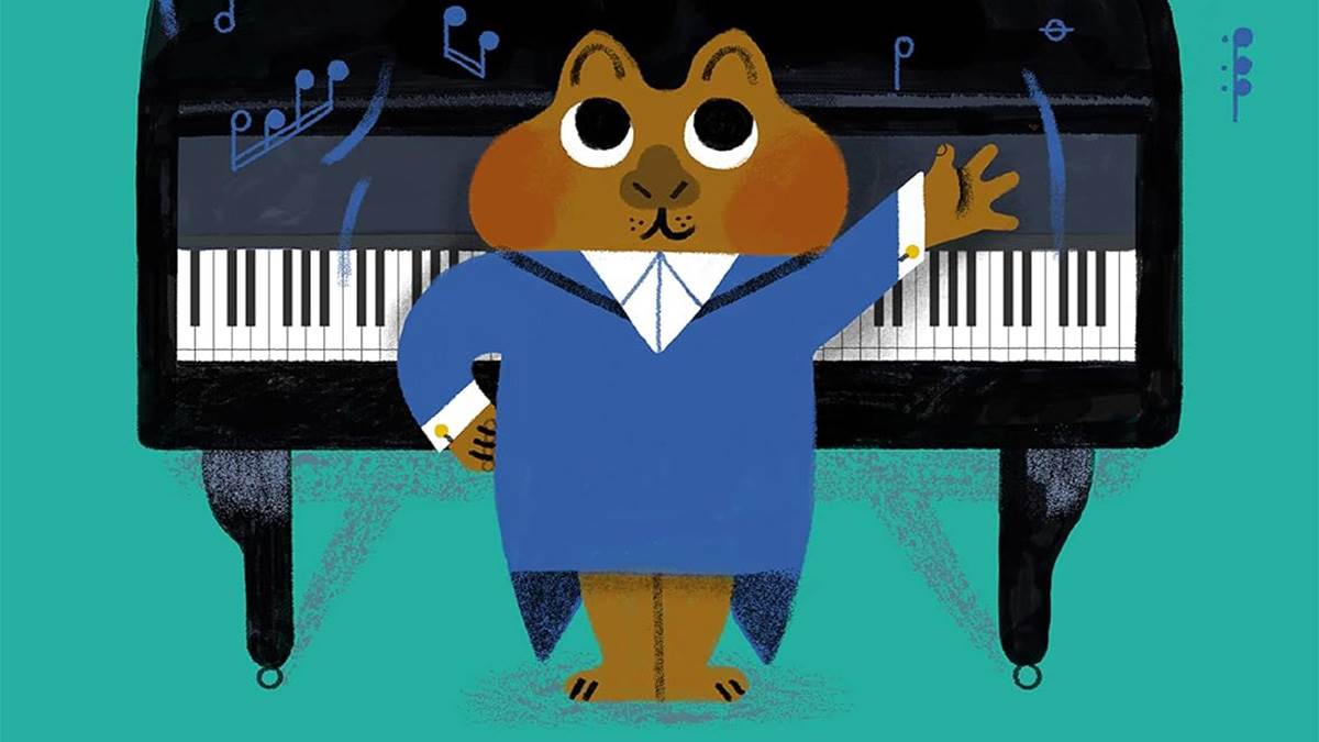 An illustration of a wombat in tails standing in front of a piano as musical notes play, from the front cover of Wally The World's Greatest Piano-Playing Wombat