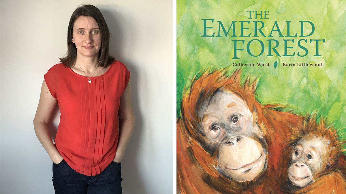 A photo of Catherine Ward and the front cover of her book The Emerald Forest