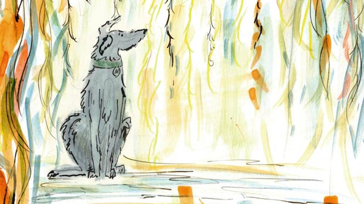 An illustration from Goodbye Hobbs - a dog sitting in a forest looking at a space beside him
