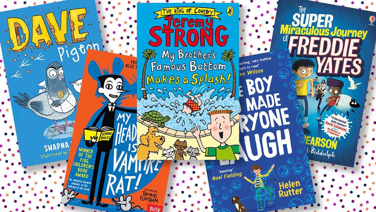 The front covers of Dave Pigeon, My Headteacher is a Vampire Rat, My Brother's Famous Bottom Makes a Splash, The Boy Who Made Everyone Laugh and The Super Miraculous Journey of Freddie Yates