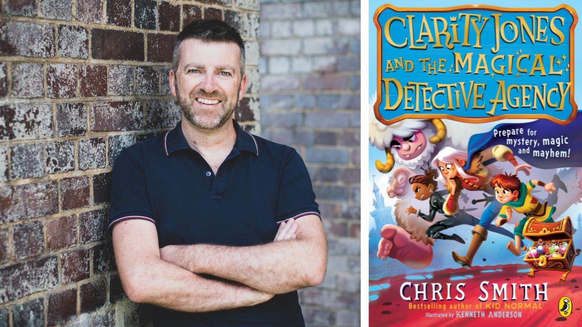 Chris Smith and the cover of Clarity Jones and the Magical Detective Agency