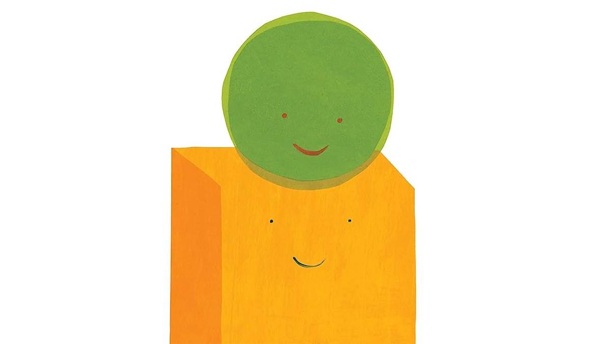 An illustration from the front cover of Colin and Lee: Carrot and Pea - a green smiling pea sitting on top of a smiling orange carrot