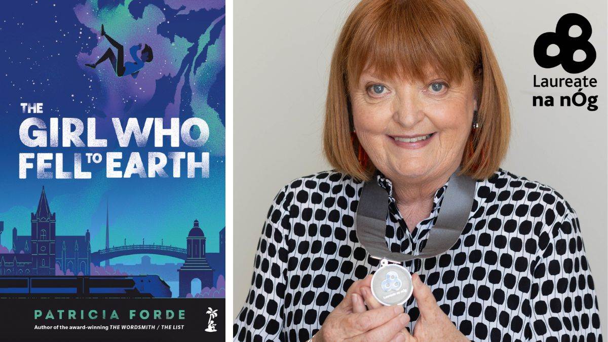 Irish Children's Literature Laureate Patricia Forde and the cover of her book, The Girl Who Fell to Earth
