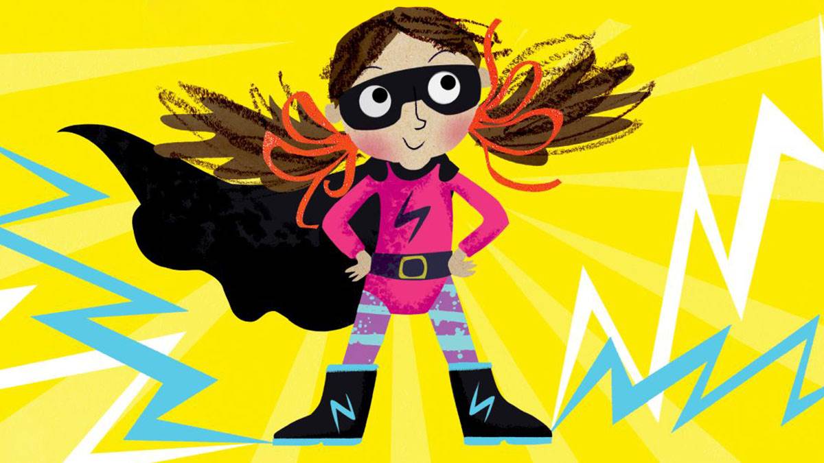An illustration from the front cover of Thunderboots -a girl wearing a cape, eye mask, leotard with a lightning bolt on it, tights and lightning bolt boots, standing with her hands on her hips and her hair in bunches tied with red ribbon