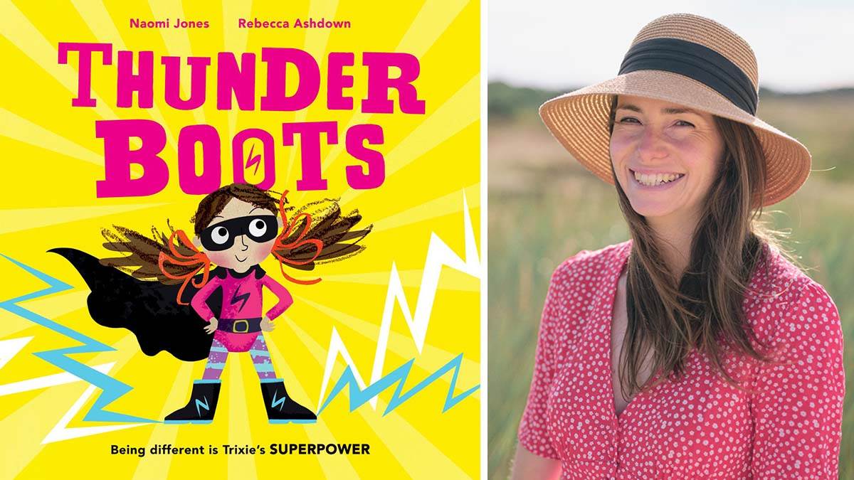 The front cover of Thunderboots and a photo of author Naomi Jones