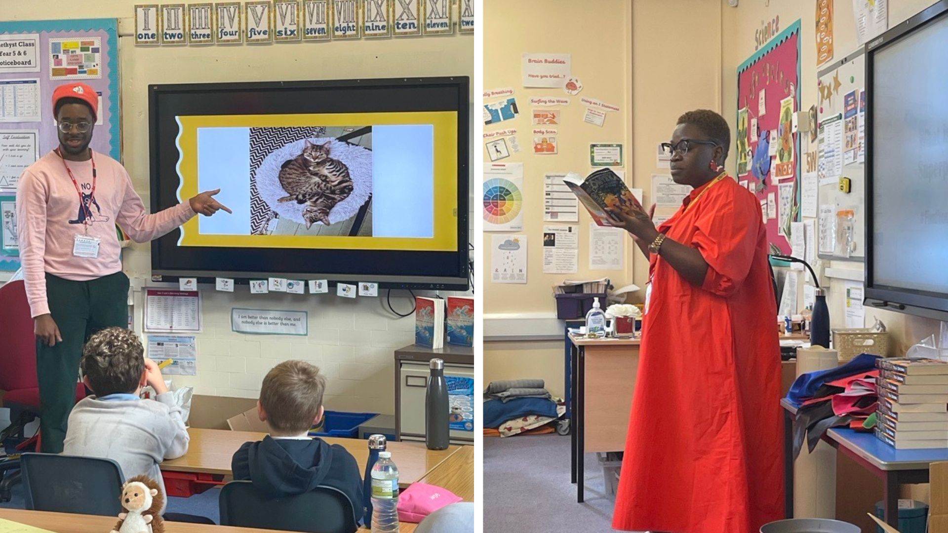 Both Alex Falase-Koya (L) and Tola Okogwu (R) attended a BookTrust Represents training workshop last year and are now giving fantastic school visits across the country