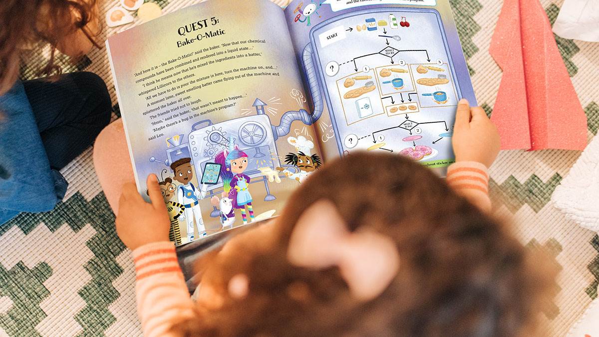 A photo of a child reading a QuestFriendz book
