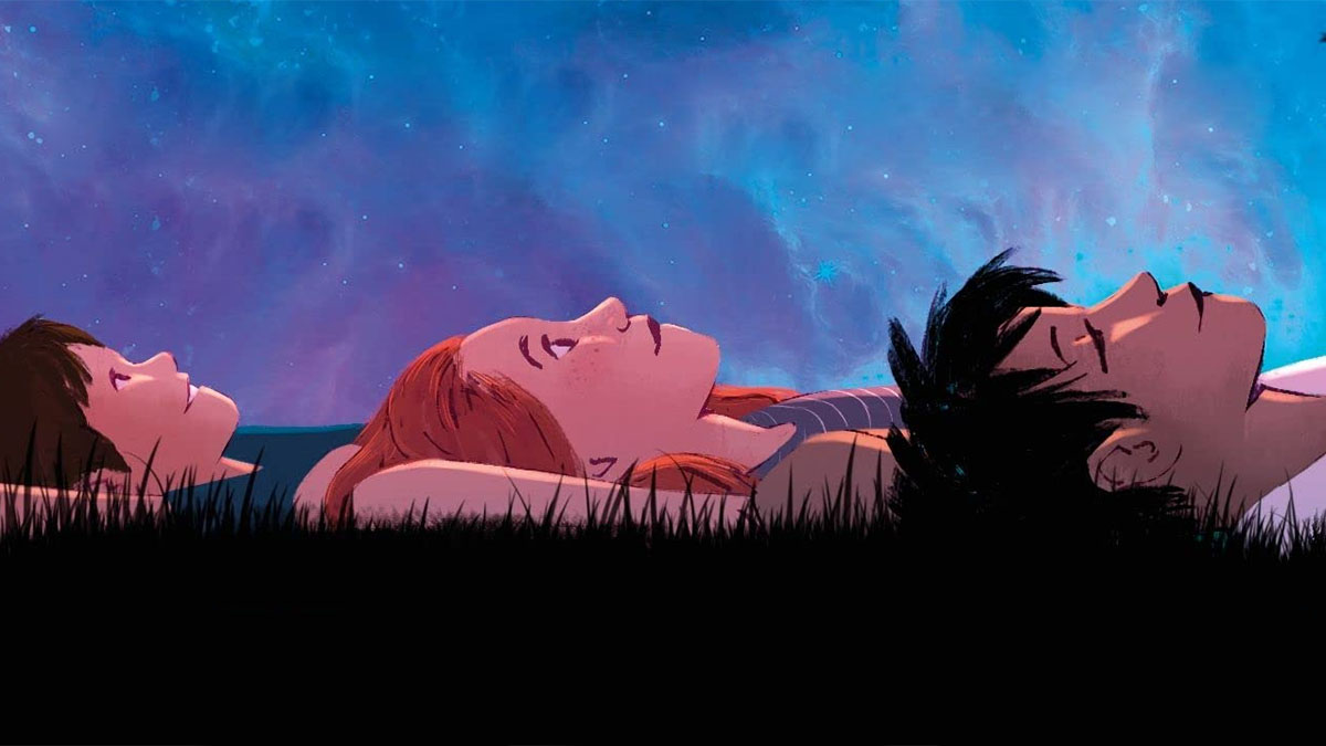 An illustration of young people lying on the ground looking up at the stars from the front cover of Let's Chase Stars Together