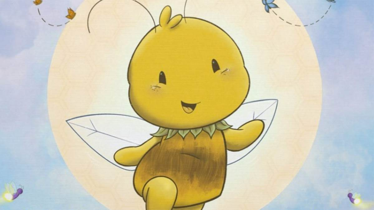 An illustration of a smiling bee from the front cover of the book Busy Bee