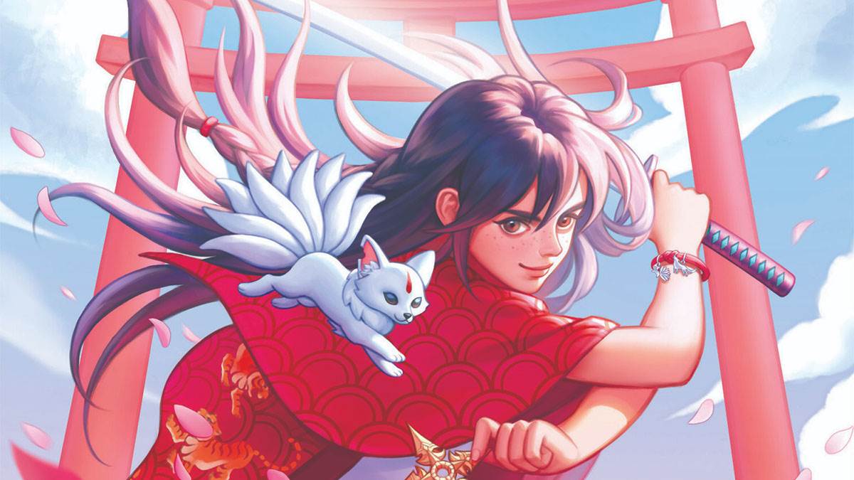 An illustration from the front cover of Tessa Miyata is No Hero: a girl holding a sword with a magical cat-like creature, with a temple in the background