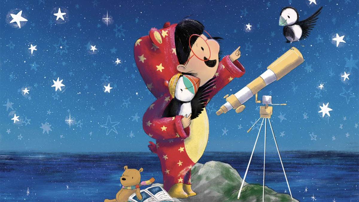 An illustration from the front cover of Can You See The Stars Tonight - a child in a onesie standing on a rock by the sea, holding a puffin and pointing at another puffin on her telescope, as the night sky is filled with stars