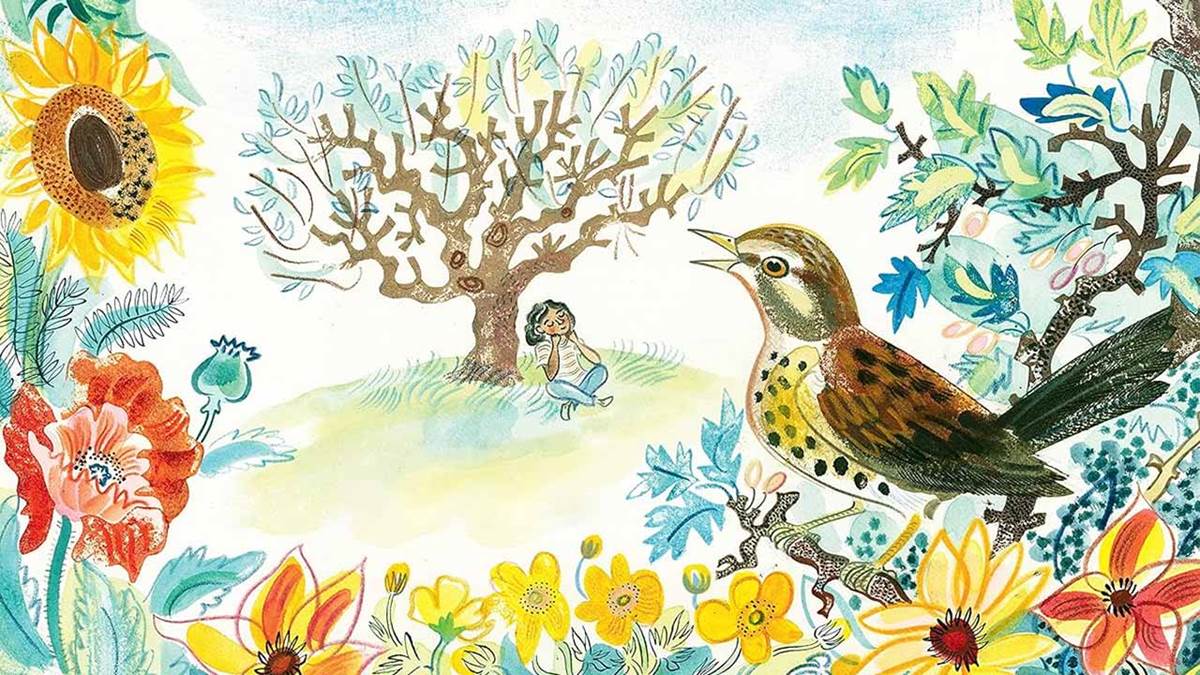 An illustration from the front cover of Everyone Sang - a child sitting at the base of a tree smiling with their eyes closed as a bird watches on