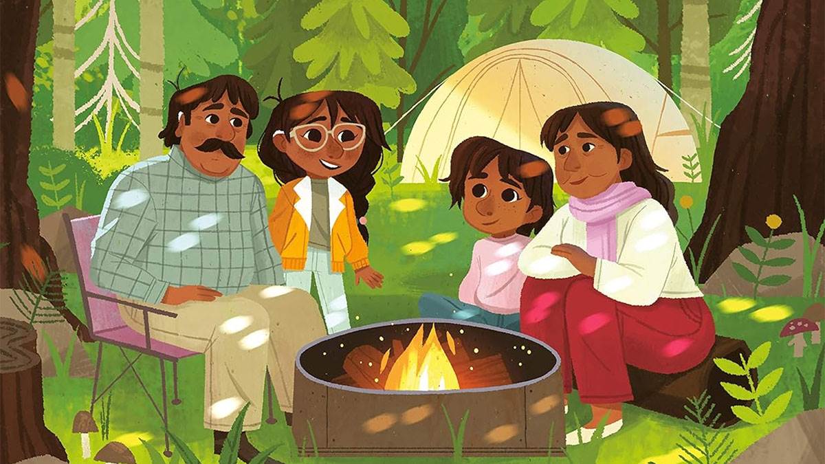 An illustration from the front cover of Fatima's Great Outdoors - a family of two adults and two children sitting round a campfire in a forest