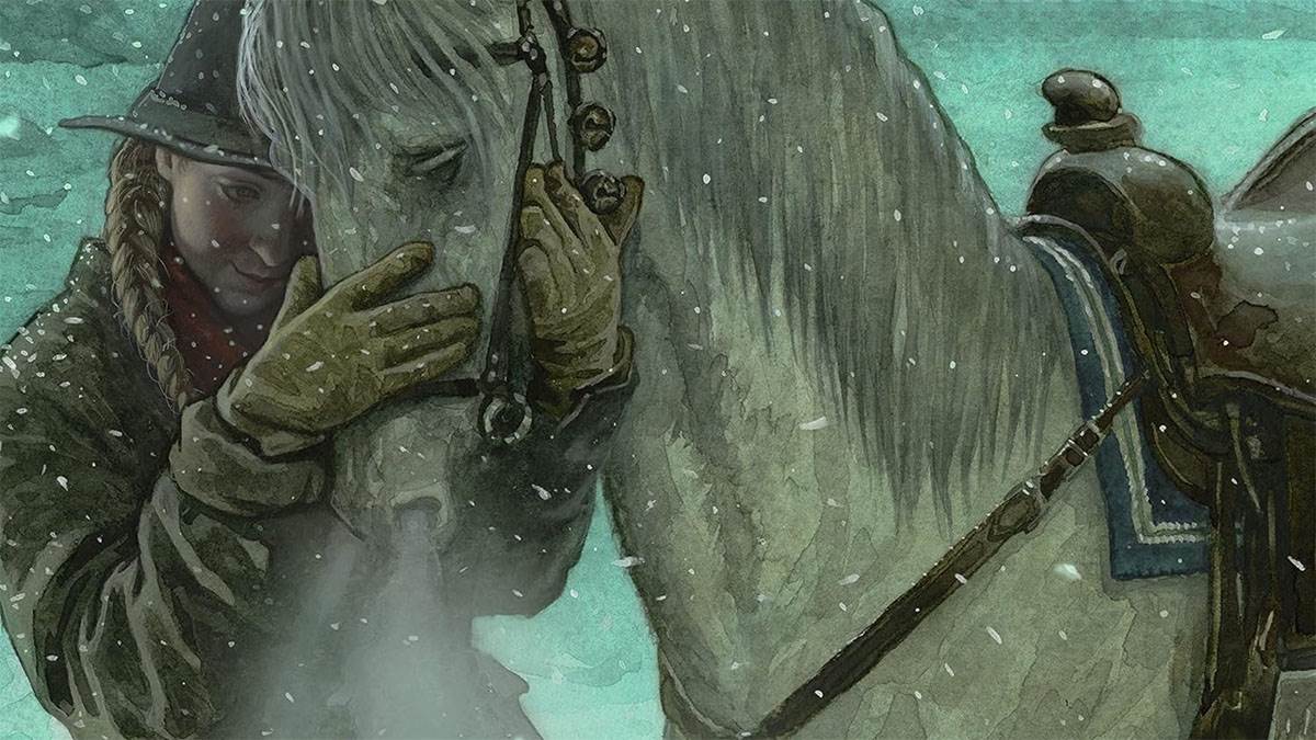 An illustration from the front cover of Stopping By Woods On A Snowy Evening - a child hugging a horse as snow falls around them