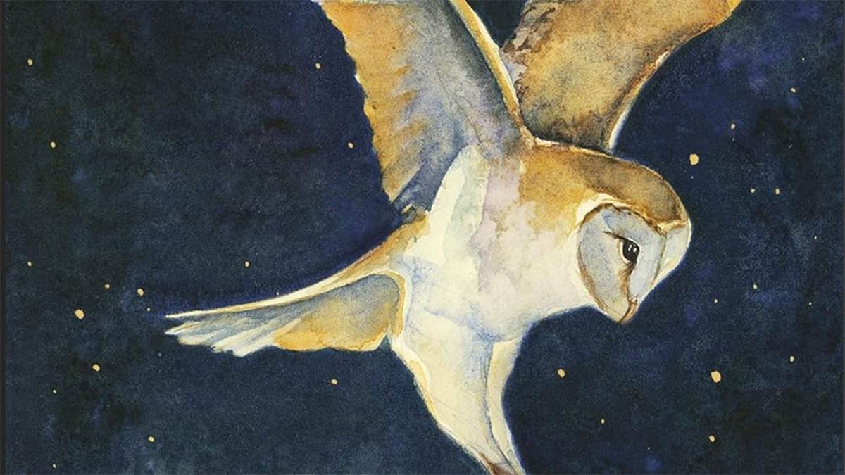 An illustration of an owl in flight from the front cover of The Lost Spells