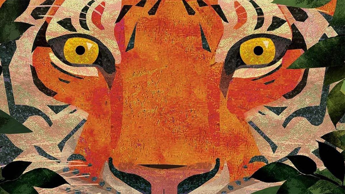 An illustration of a tiger's face peeking through foliage from the front cover of Tiger Tiger Burning Bright