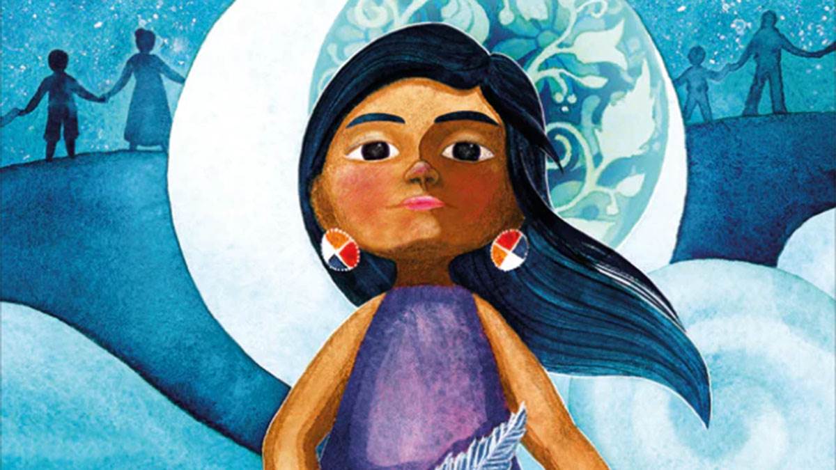 An illustration from the front cover of We Are Water Protectors - a woman standing among waves looking at us, with the moon and figures holding hands behind her