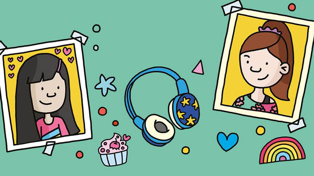 An illustration from the front cover of Best Friends Forever: pictures of two girls with tape on the edges, along with doodles of a cupcake, rainbow, headphones, hearts, stars and dots