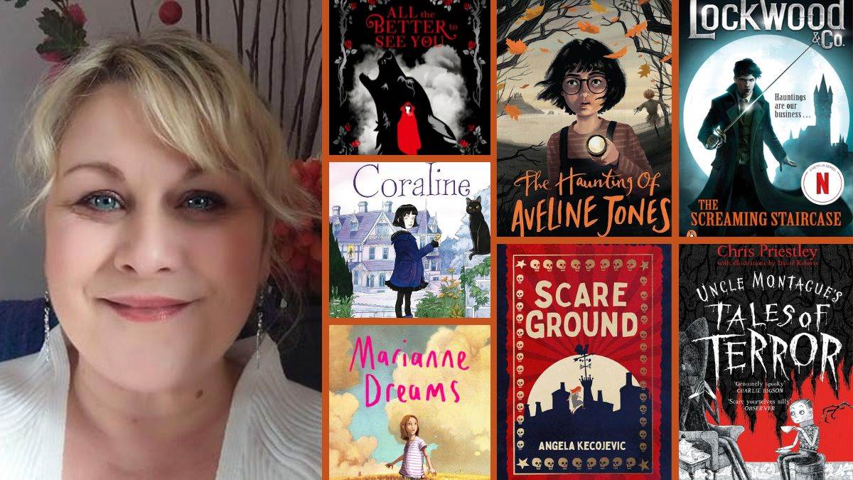 Sam Pope and the front covers of All The Better To See You, Coraline, Marianne Dreams, The Haunting of Aveline Jones, Scareground, Lockwood & Co: The Screaming Staircase, and Uncle Montague's Tales of Terror