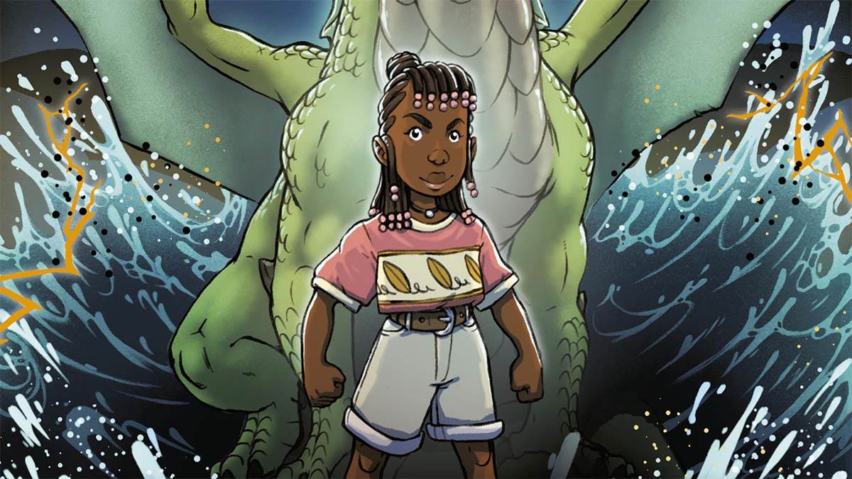 An illustration from the front cover of Yomi and the Fury of Ninki Nanka - an illustration of a child standing looking determined with her fists clenched as a huge amphibious creature rears up behind her