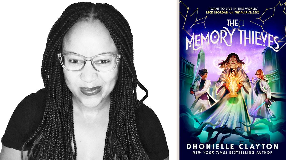 Author Dhonielle Clayton and the front cover of The Memory Thieves