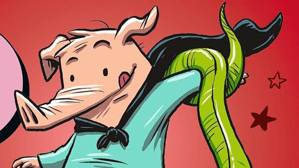 An illustration from the front cover of Batpig: Go Pig Or Go Home - a pig sticking its tongue out in concentration and wearing a black cape as a tentacle coils around it