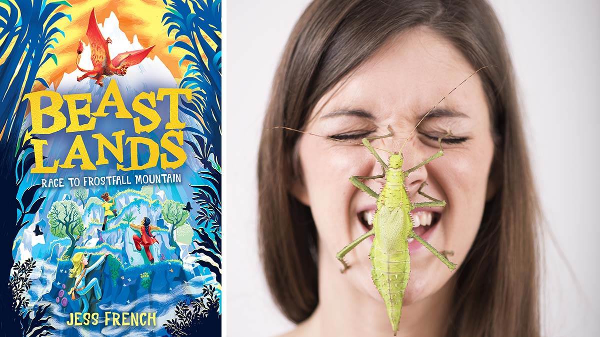 The front cover of Beastlands, and a photo of Jess French laughing with her eyes screwed up as a bug crawls on her face