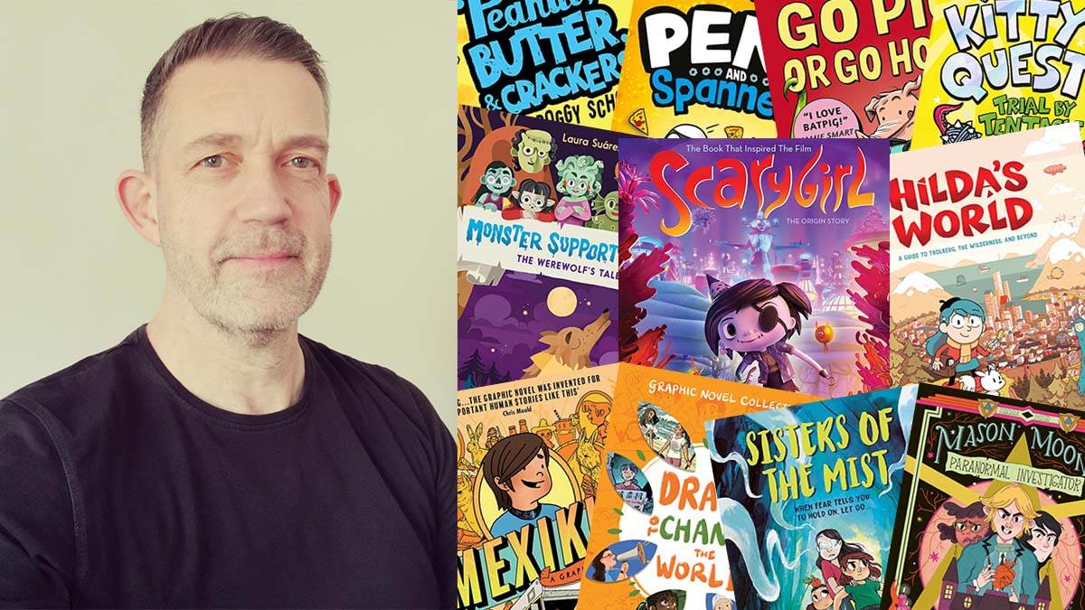 A photo of Chris Mould and a collage of front covers of the graphic novels he recommends