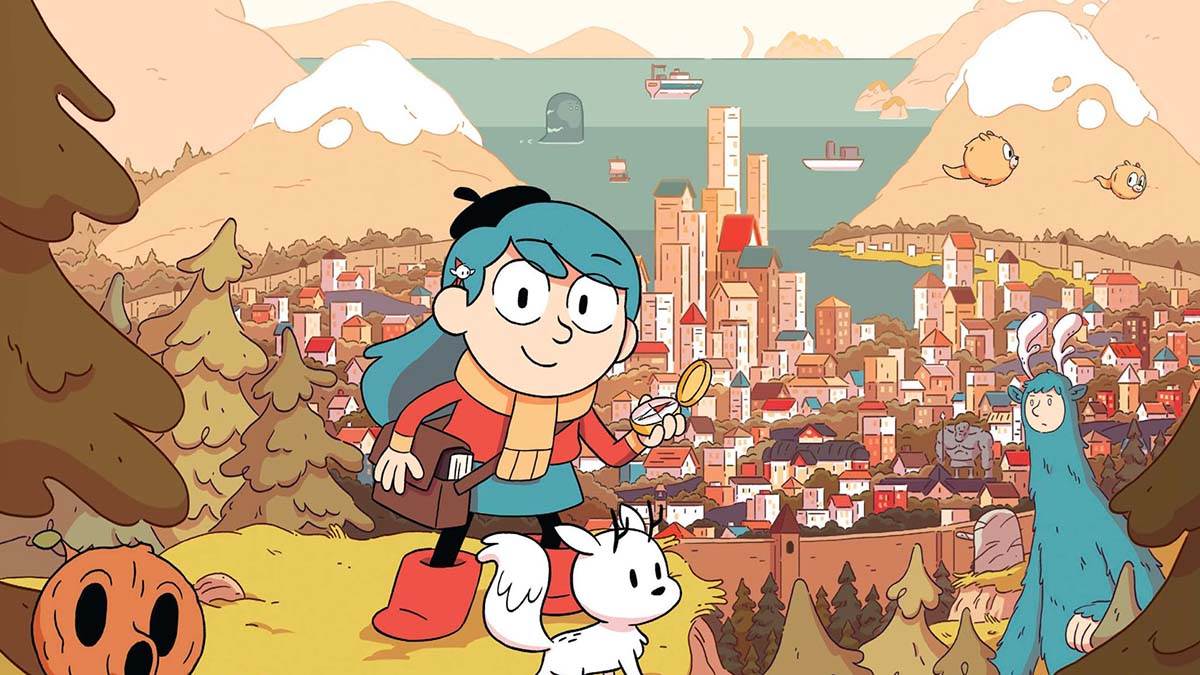 An illustration from the front cover of Hilda's World - a girl standing smiling on a hill with a compass, with a sprawling town in the background