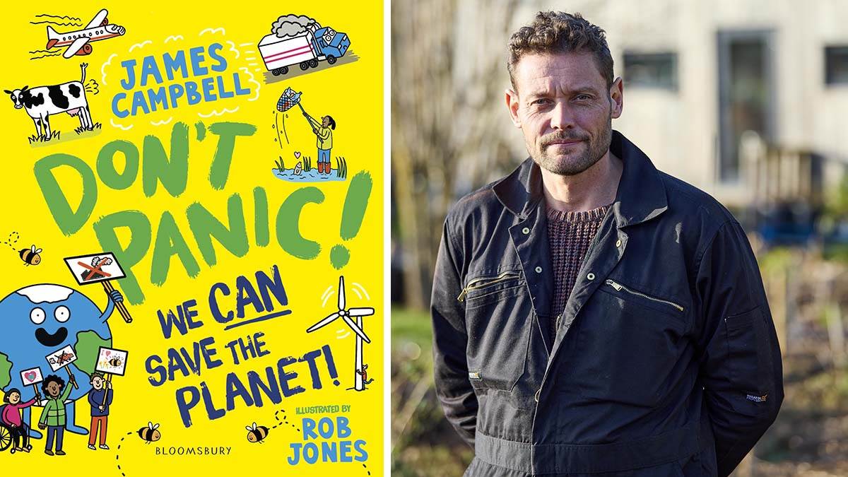 The front cover of Don't Panic, We CAN Save the Planet and a photo of author James Campbell