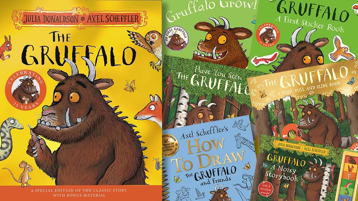 The front cover of the 25th anniversary edition of The Gruffalo, plus the covers of Gruffalo Growl, The Gruffalo: A First Sticker Book, Have You Seen The Gruffalo?, The Gruffalo: A Push, Pull and Slide Book, Axel Scheffler's How to Draw The Gruffalo and Friends, and The Gruffalo: A Noisy Storybook