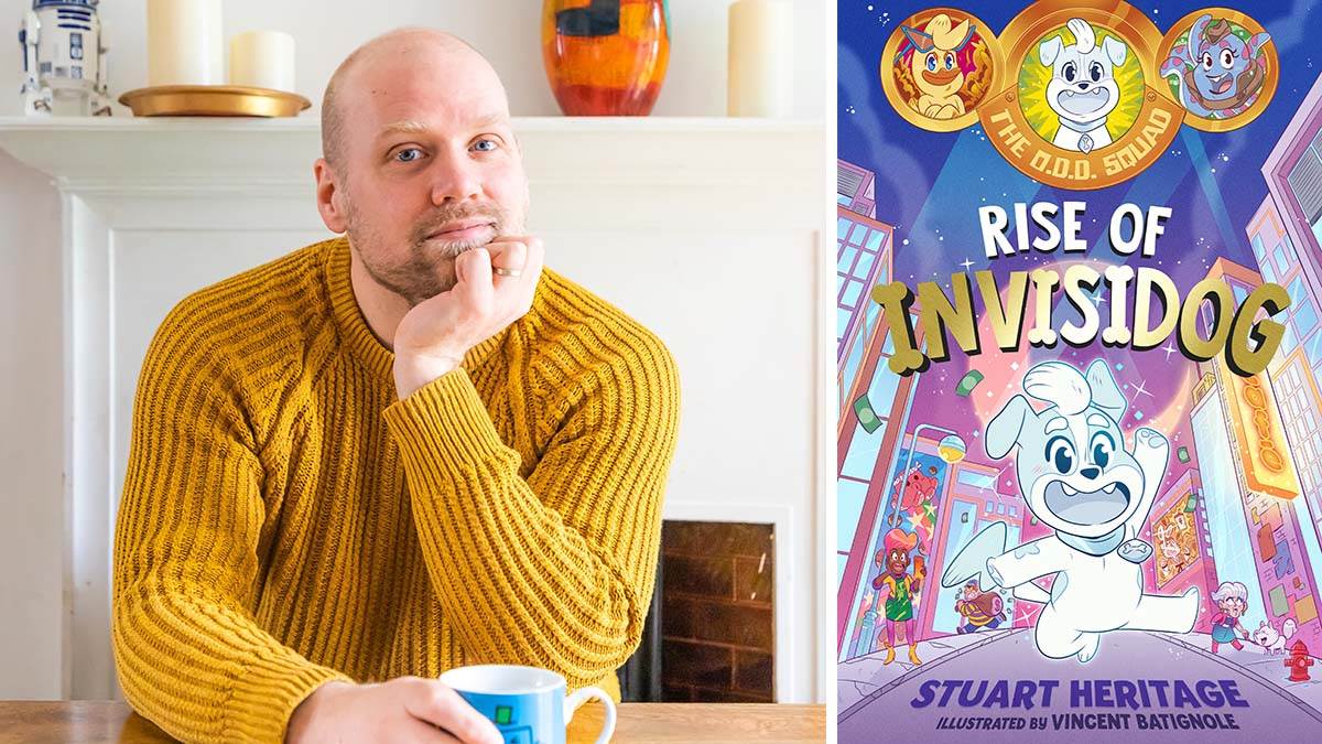 A photo of Stuart Heritage sitting at a table holding a mug, and the front cover of Rise of Invisidog
