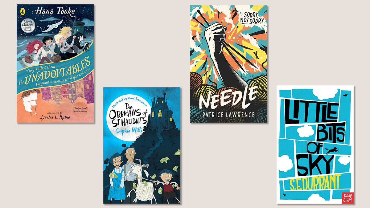 The front covers of The Unadoptables, The Orphans of St Halibut's, Needle, and Little Bits of Sky