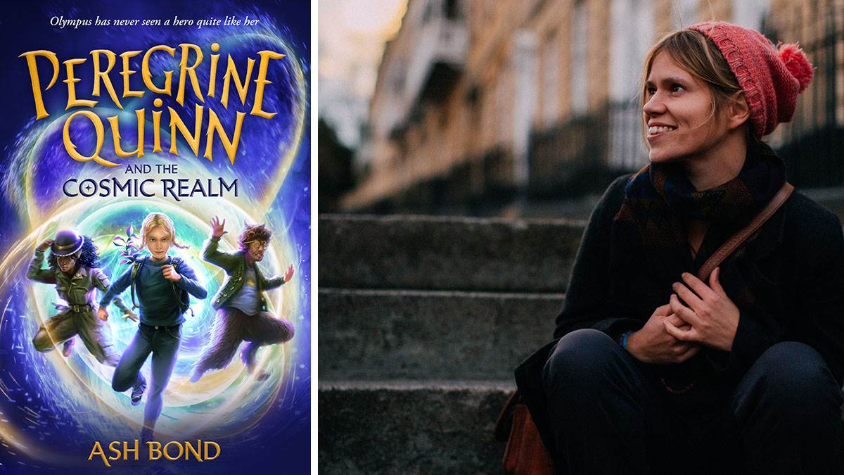 The front cover of Peregrine Quinn and the Cosmic Realm and a photo of author Ash Bond